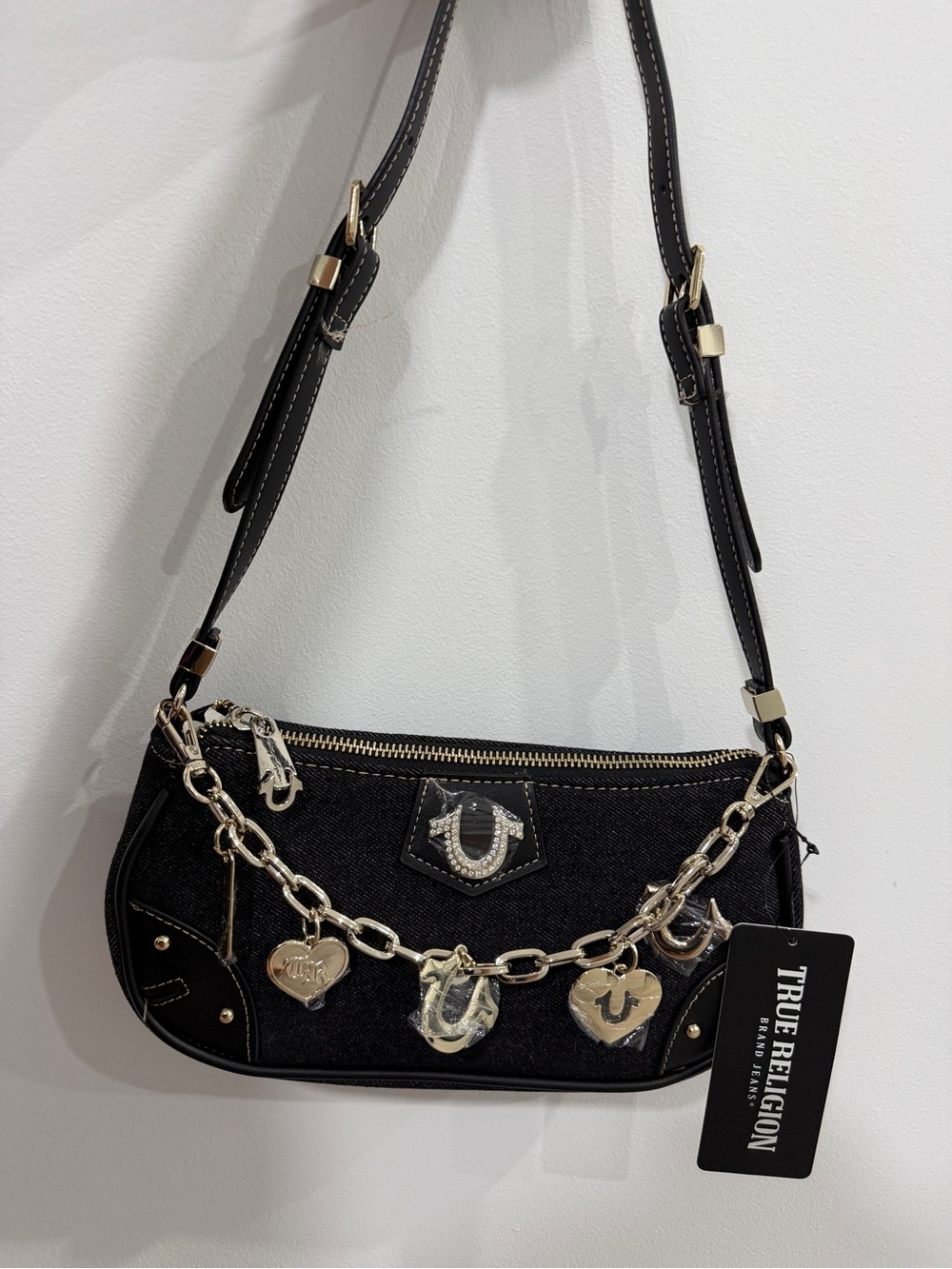 True Religion Black Shoulder Bag with Heart Charm Chain